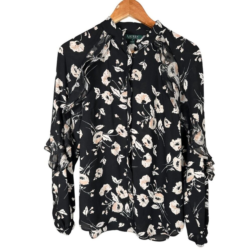 Lauren‎ Ralph Lauren Womens Small Shirt Floral Long Sleeve Ruffled Blouse Black